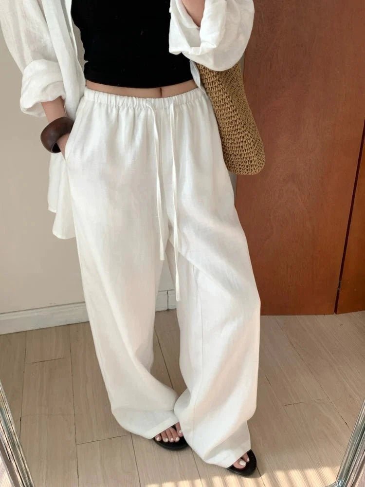 OLANE Breathable Wide Leg Linen Pants WhiteSWomen's Bottoms