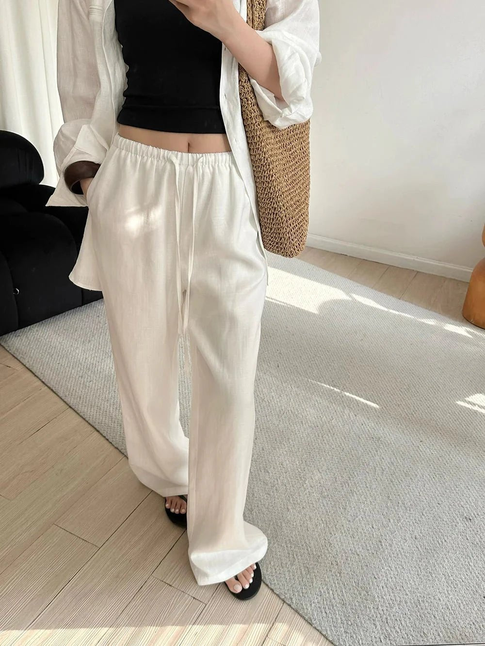 OLANE Breathable Wide Leg Linen Pants WhiteXLWomen's Bottoms