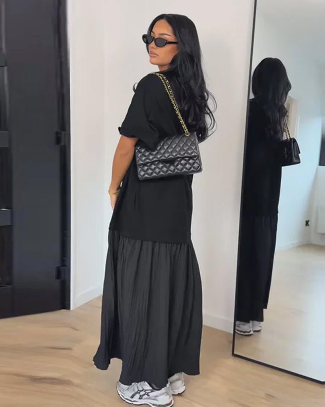 OLANE Casual Pleated Patchwork Midi Dress BlackSWomen's Dresses