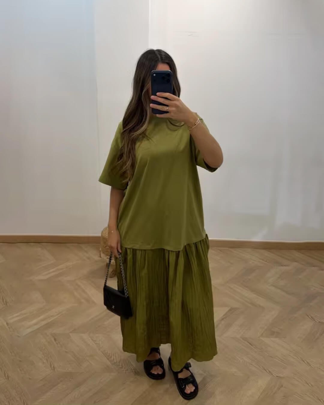 OLANE Casual Pleated Patchwork Midi Dress GreenSWomen's Dresses