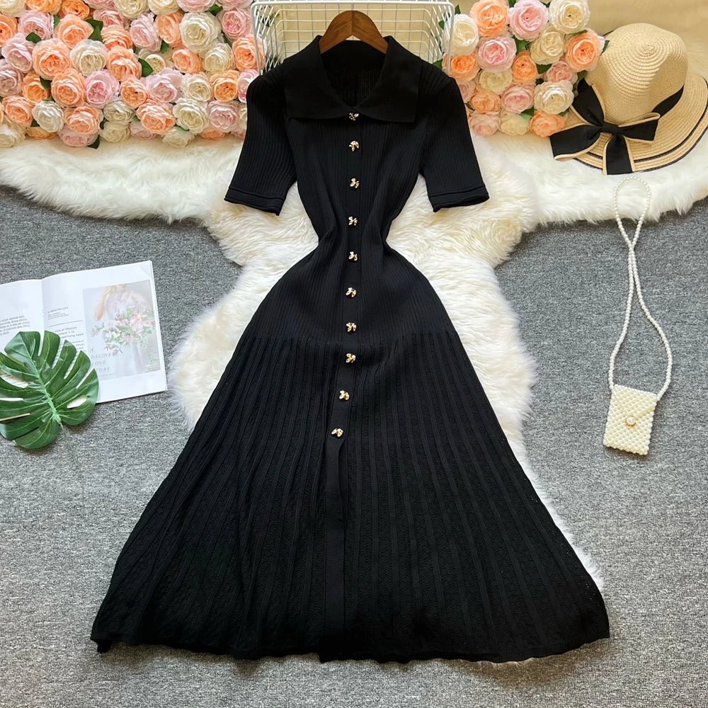 OLANE Casual Turn - Down Collar Knit Maxi Dress BlackWomen's Dresses