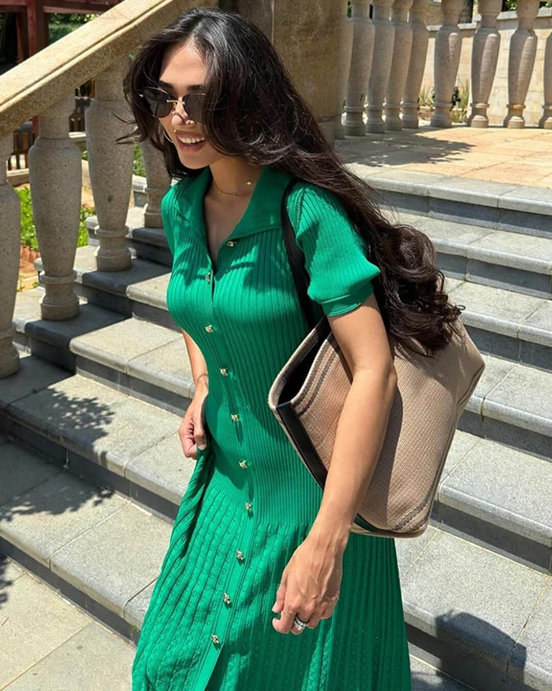OLANE Casual Turn - Down Collar Knit Maxi Dress GreenWomen's Dresses