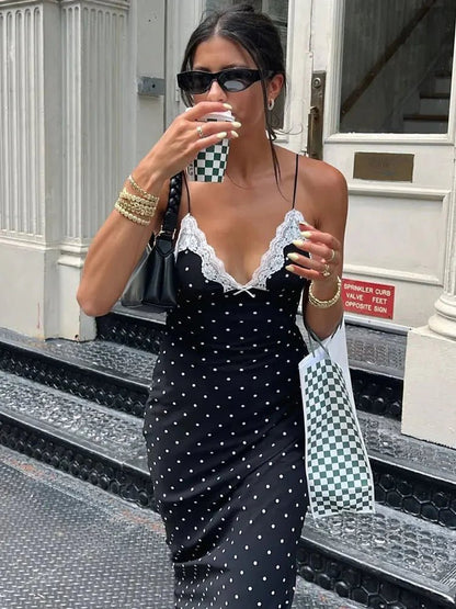 OLANE Charming Lace Trim Polka Dot Dress WhiteSWomen's Dresses