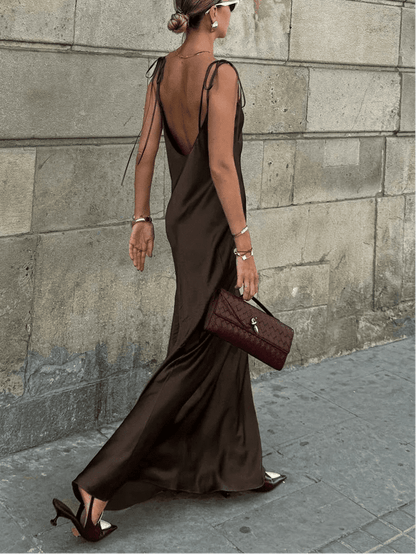 OLANE Chic Backless Satin Maxi Dress SWomen’s Dresses