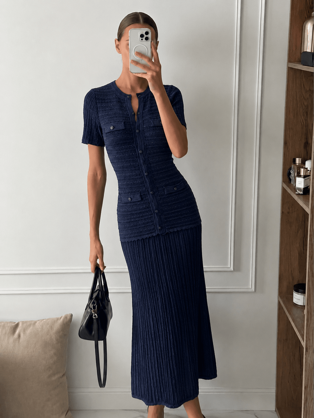 OLANE Cinched-Waist Ribbed Knit Maxi Dress Navy BlueXSWomen’s Dresses
