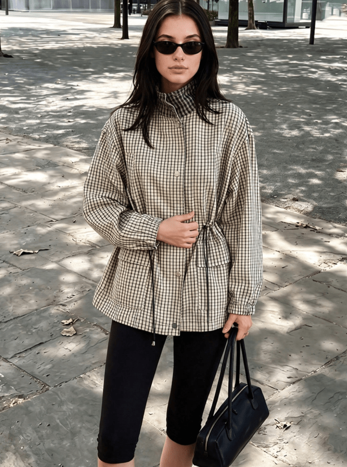 OLANE Classic High-Neck Plaid Jacket LWomen's Coats & Jackets