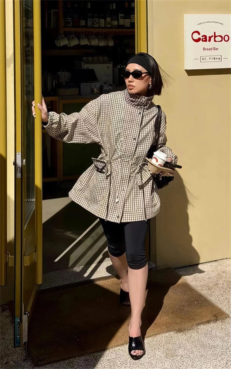 OLANE Classic High-Neck Plaid Jacket MWomen's Coats & Jackets