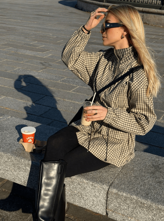 OLANE Classic High-Neck Plaid Jacket SWomen's Coats & Jackets