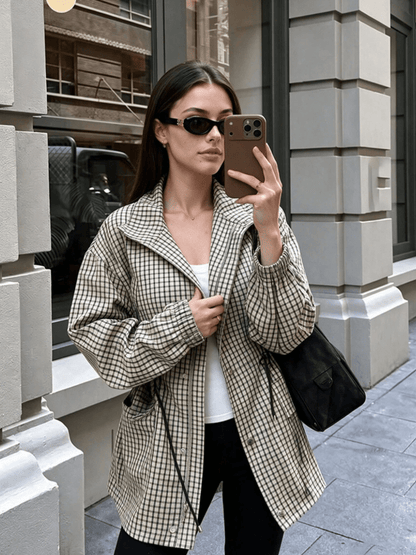 OLANE Classic High-Neck Plaid Jacket SWomen's Coats & Jackets