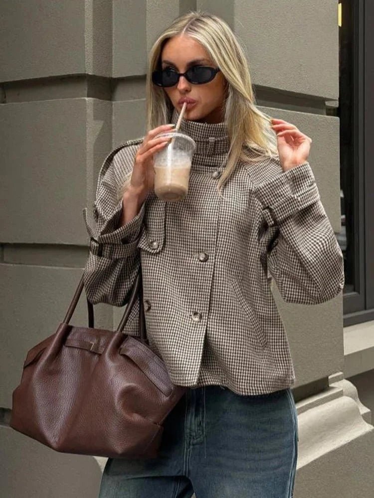 OLANE Classic Houndstooth Plaid Jacket BrownXLWomen's Coats & Jackets