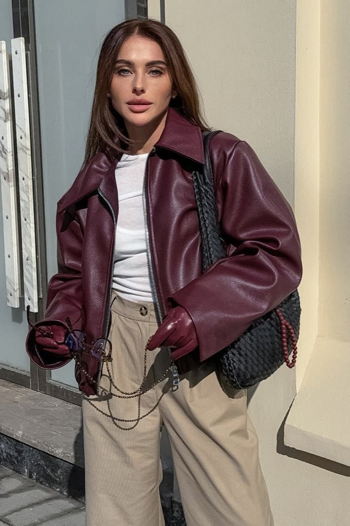 OLANE Classic Matte Leather Moto Jacket BurgundyLWomen's Coats & Jackets