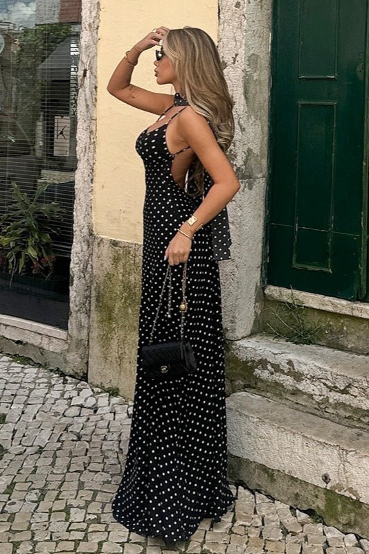 OLANE Classic Polka Dot Backless Maxi Dress BlackLWomen's Dresses