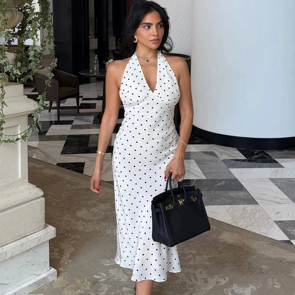 OLANE Classic Polka Dot Halter Midi Dress BlackSWomen’s Dresses
