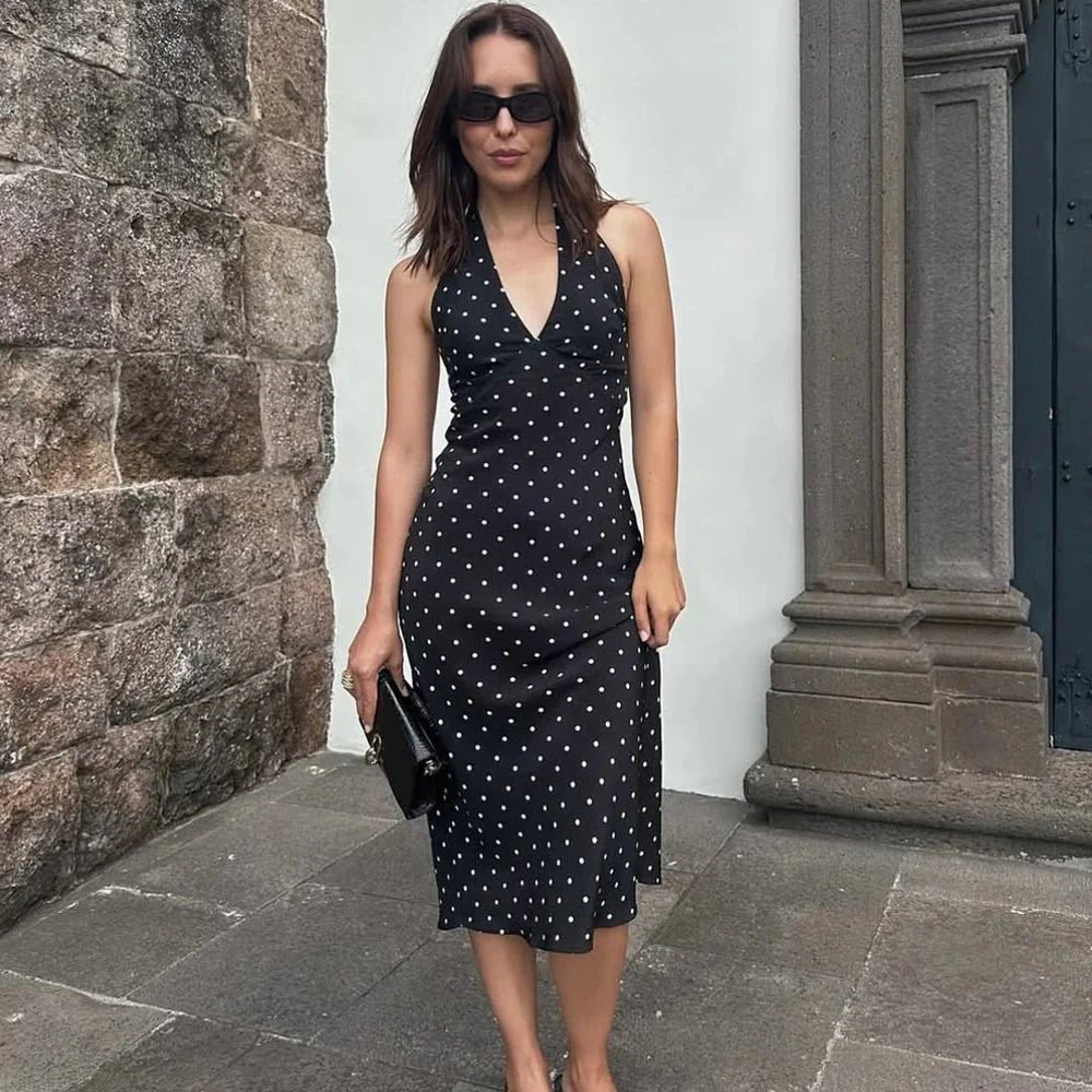 OLANE Classic Polka Dot Halter Midi Dress BlackSWomen’s Dresses