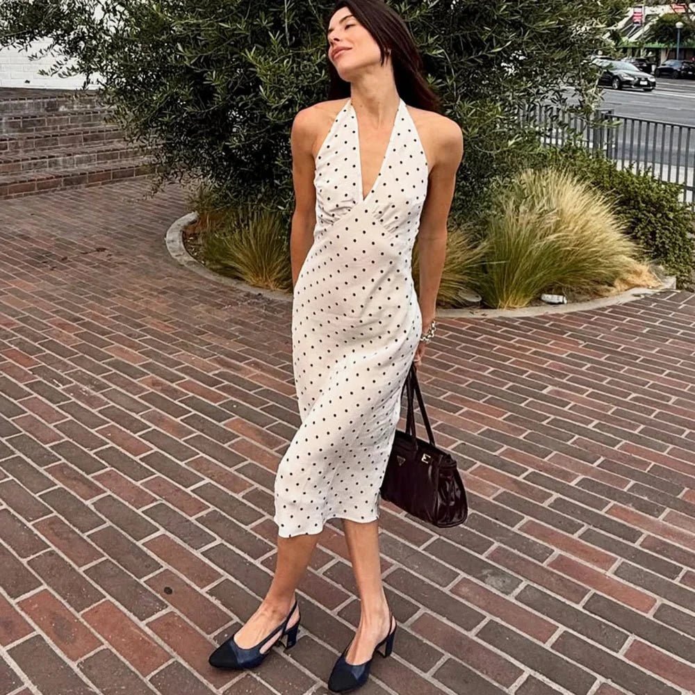 OLANE Classic Polka Dot Halter Midi Dress BlackSWomen’s Dresses