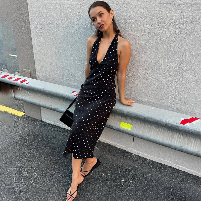 OLANE Classic Polka Dot Halter Midi Dress BlackSWomen’s Dresses