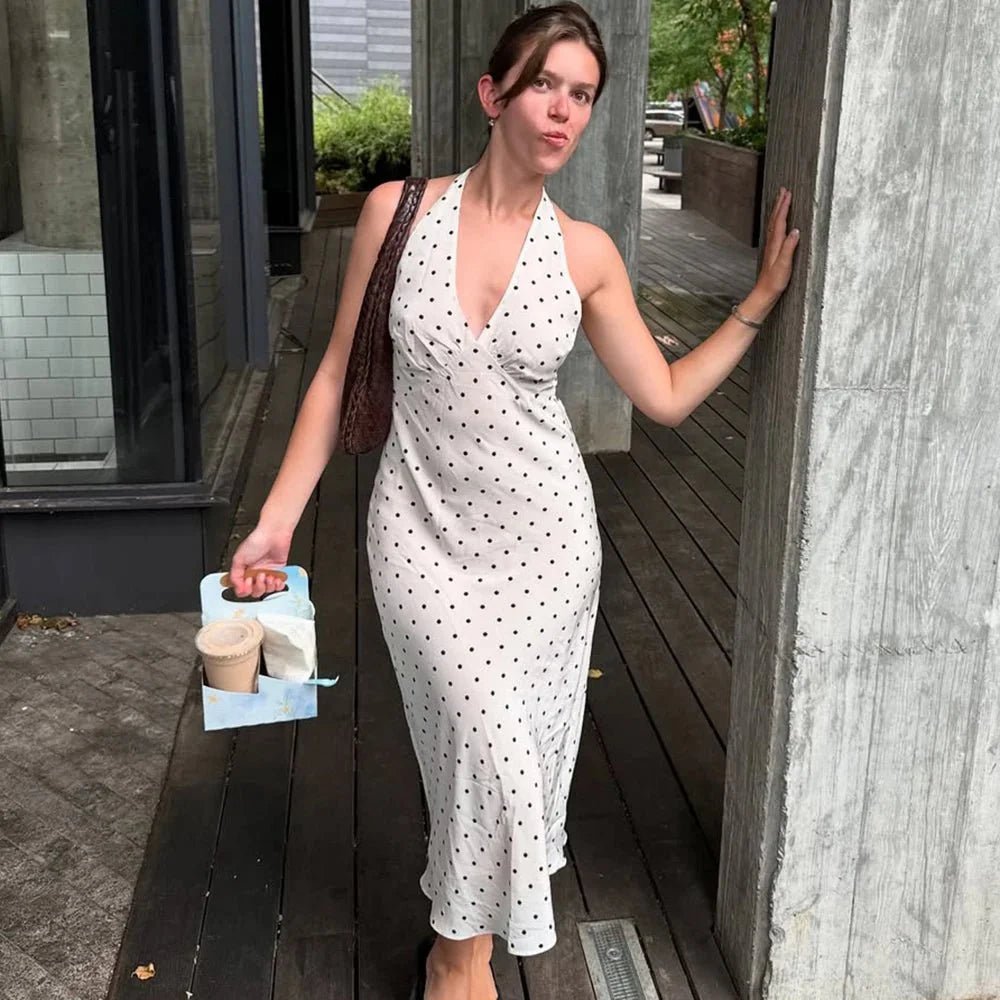 OLANE Classic Polka Dot Halter Midi Dress BlackSWomen’s Dresses