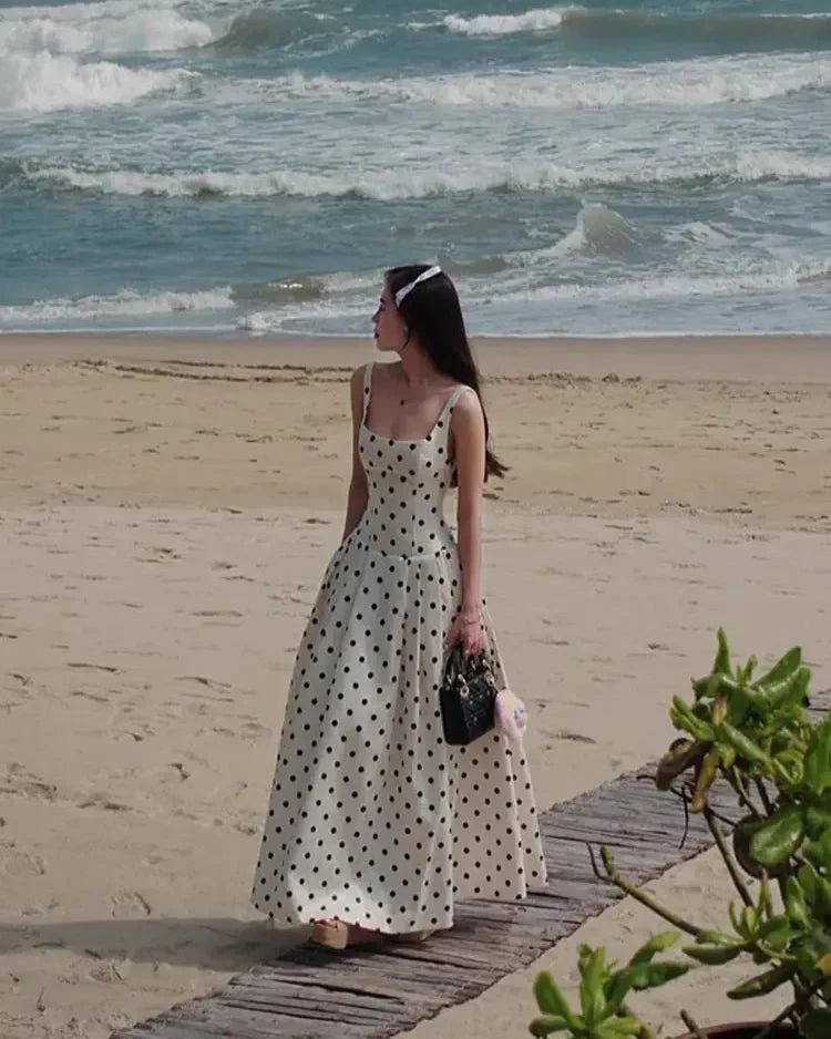 OLANE Classic Polka Dot Square Neckline Midi Dress MWomen’s Dresses
