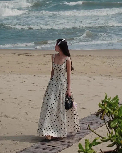 OLANE Classic Polka Dot Square Neckline Midi Dress MWomen’s Dresses