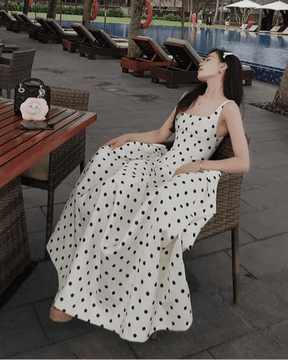 OLANE Classic Polka Dot Square Neckline Midi Dress SWomen’s Dresses