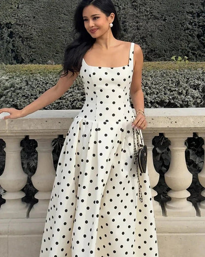 OLANE Classic Polka Dot Square Neckline Midi Dress SWomen’s Dresses
