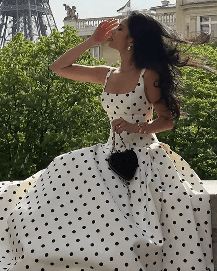OLANE Classic Polka Dot Square Neckline Midi Dress SWomen’s Dresses