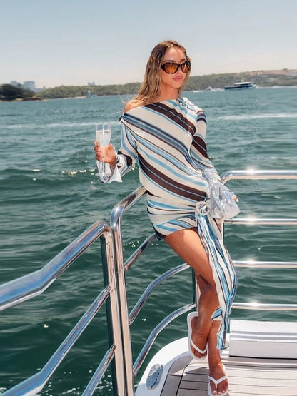 OLANE Classic Striped Skew Collar Mini Dress BlueSWomen’s Dresses