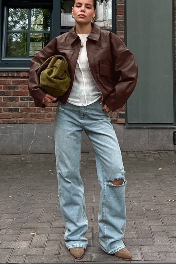 OLANE Classic Vintage Faux Leather Jacket BrownSWomen's Coats & Jackets