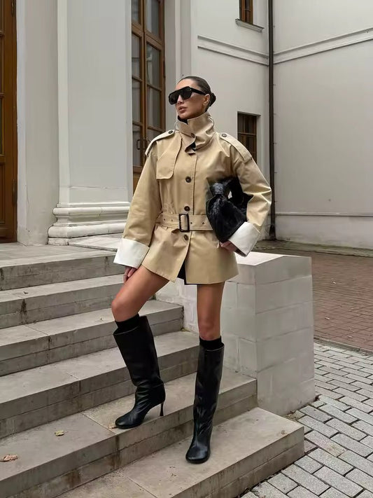 OLANE Contrast Cuffs Belted Trench Coat BeigeSWomen's Coats & Jackets