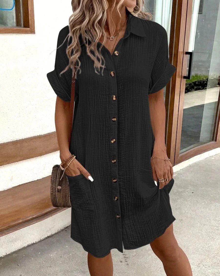 OLANE Cotton Linen V - Neck Mini Dress BlackSWomen's Dresses