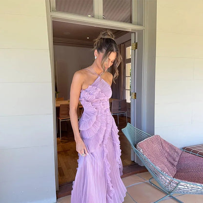 OLANE Crissa Halter Strap Ruffled Tule Dress PurpleXSWomen’s Dresses