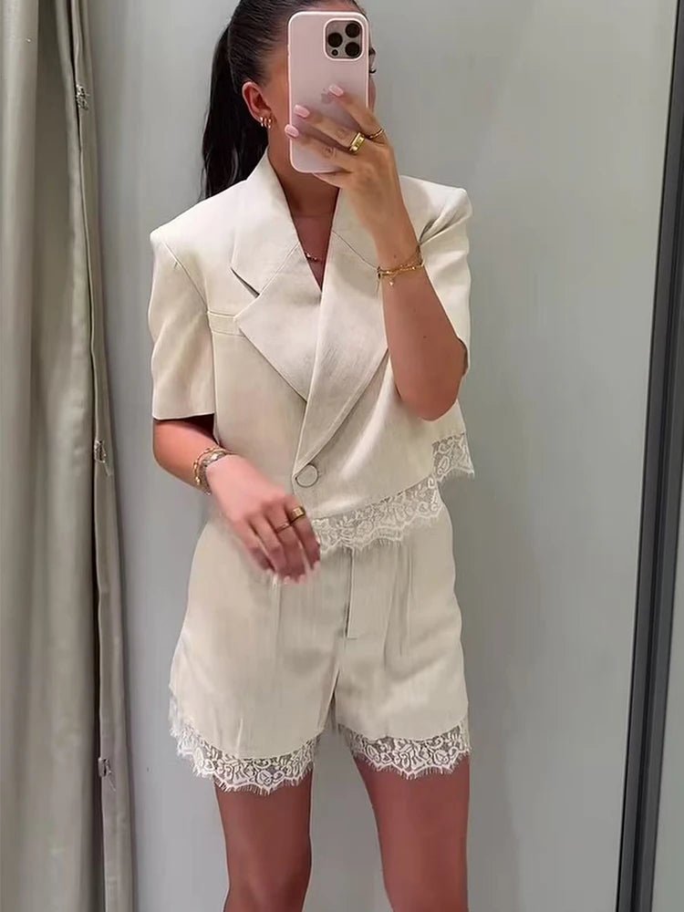 OLANE Crop Top Lace High-Waisted Shorts Set SWomen's Sets