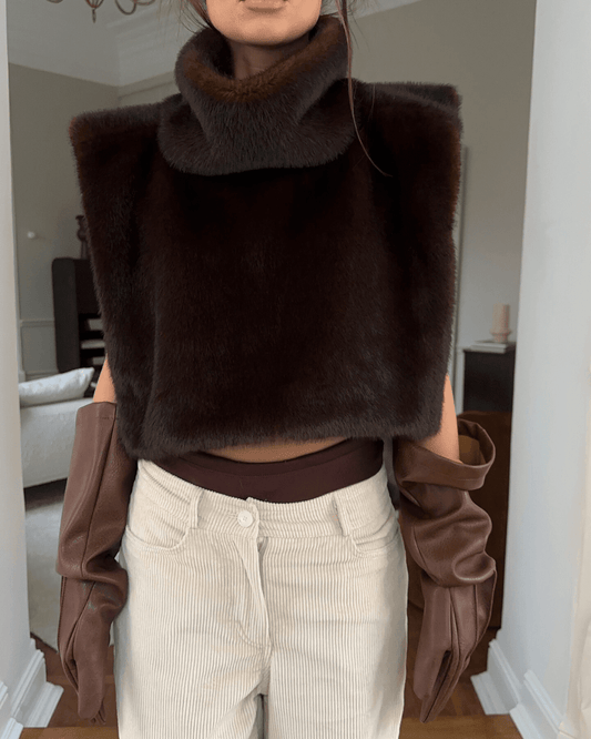 OLANE Cropped Faux Fur Turtleneck Vest BrownMWomen's Coats & Jackets
