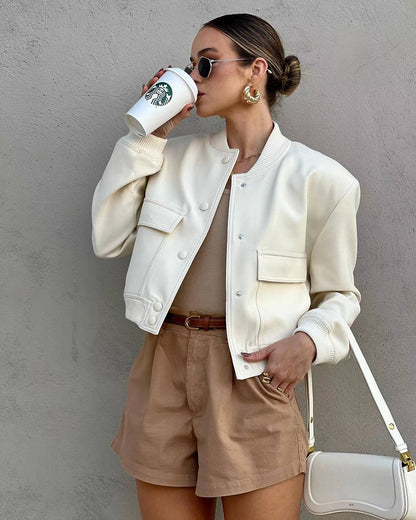 OLANE Cropped Ribbed Bomber Jacket OatmilkLWomen's Coats & Jackets