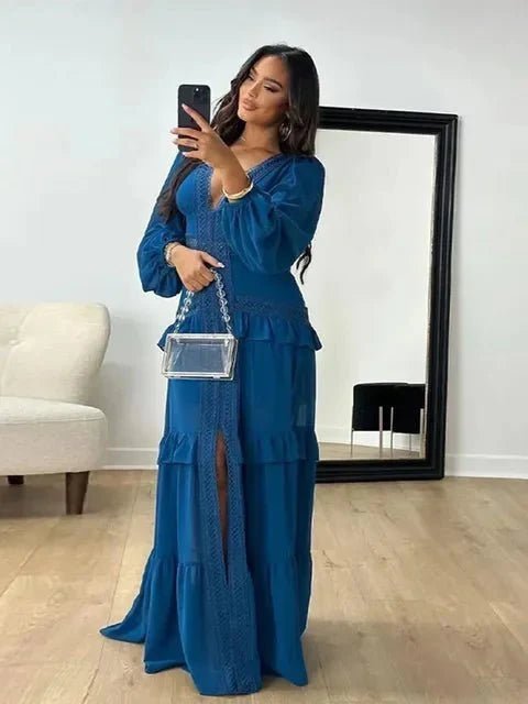OLANE Deep V-Neck Ruffle Maxi Dress GreenSWomen's Dresses