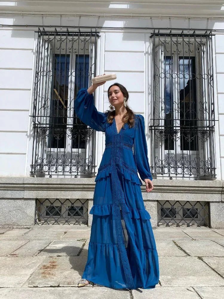 OLANE Deep V - Neck Ruffle Maxi Dress Navy BlueMWomen's Dresses