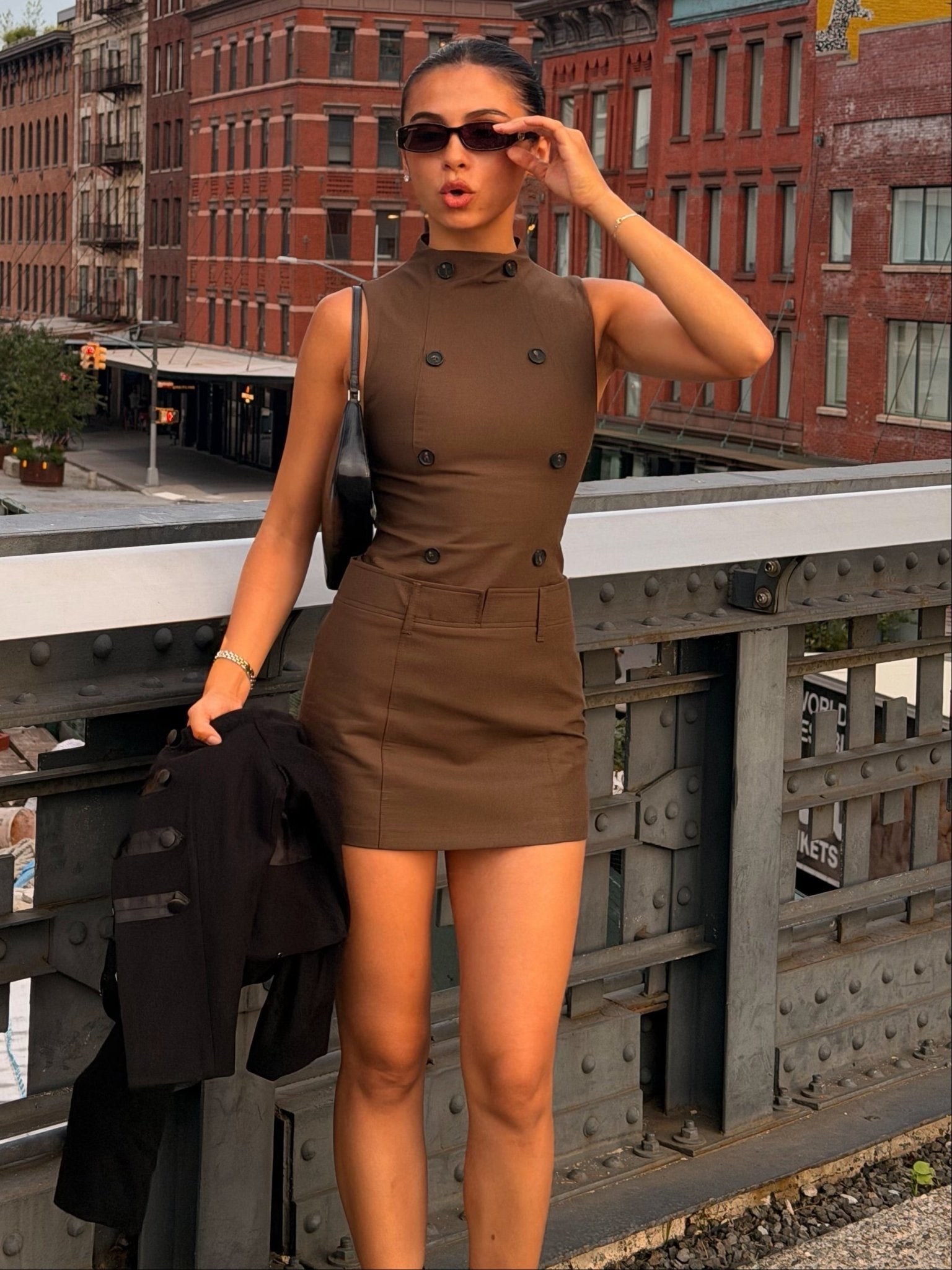 OLANE Double-Breasted Sleeveless Mini Dress BrownXSDress
