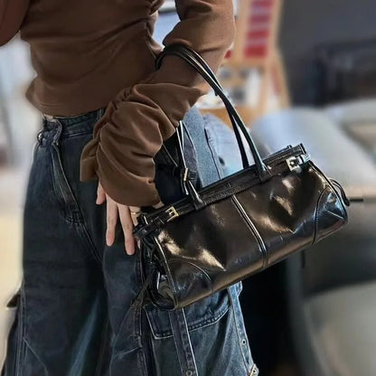 OLANE Edelle Leather Shoulder Bag with Belt Detail BlackHandbags