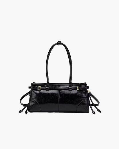 OLANE Edelle Leather Shoulder Bag with Belt Detail BlackHandbags