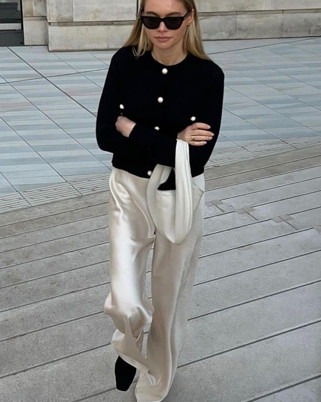 OLANE Elastic Waistband Wide Leg Satin Trousers IvoryMWomen's Bottoms