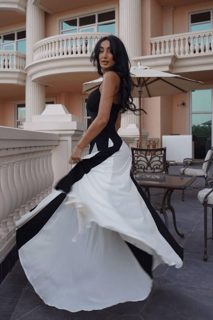OLANE Elegant Contrasting Pleated Maxi Dress BlackLWomen's Dresses