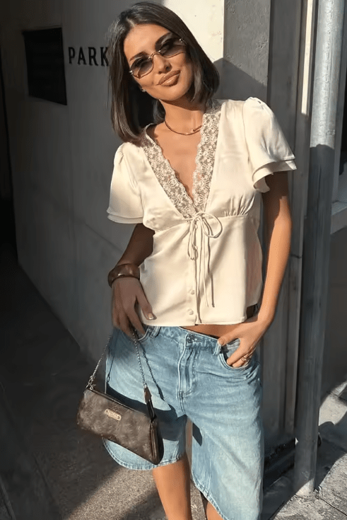 OLANE Elegant Lace Silk Blouse BeigeMWomen's Tops