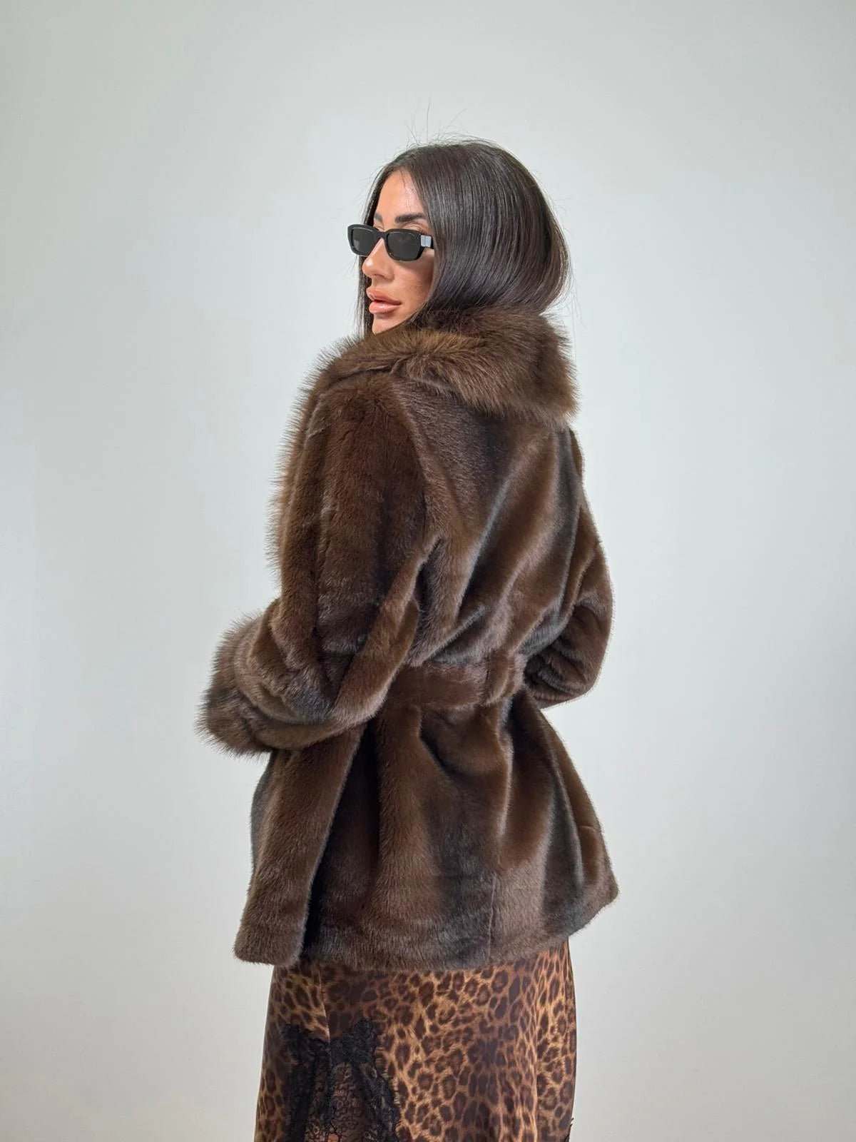 OLANE Elegant Lace-Up Faux Fur Coat BrownSWomen's Coats & Jackets