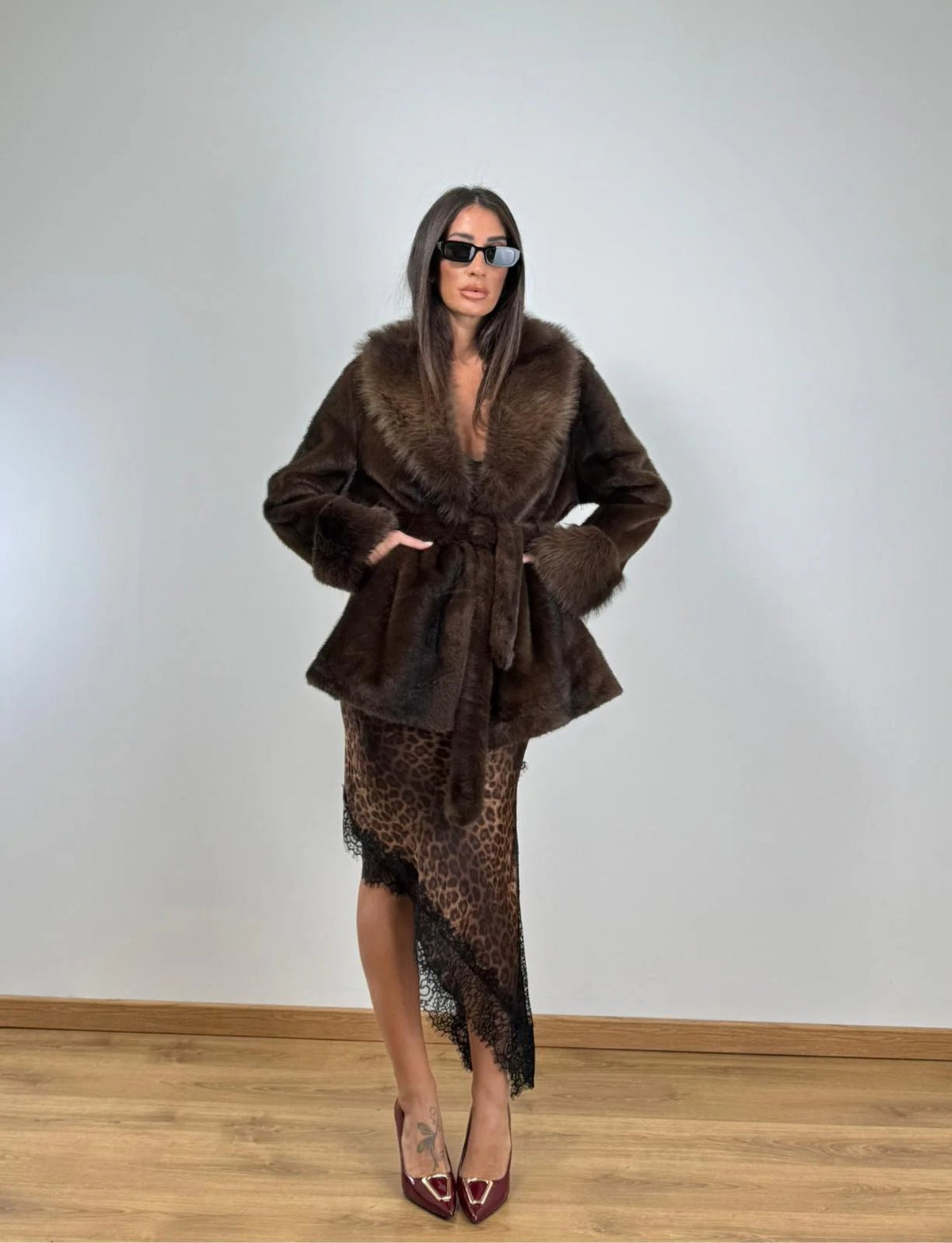 OLANE Elegant Lace-Up Faux Fur Coat BrownSWomen's Coats & Jackets