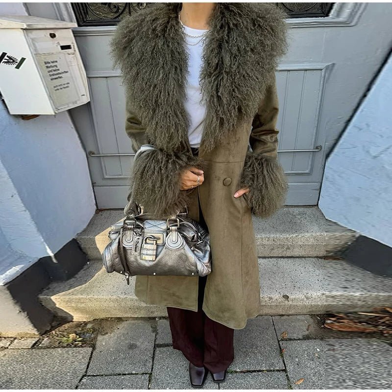OLANE Elegant Patchwork Faux Fur Collar Coat MWomen's Coats & Jackets