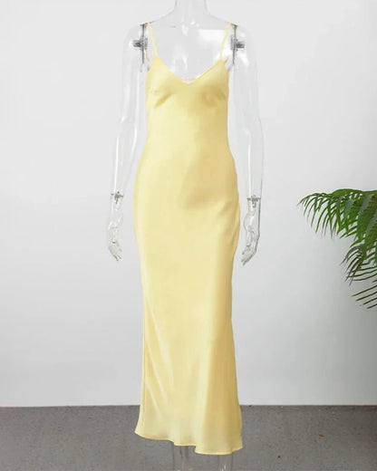 OLANE Elegant Satin Backless Maxi Dress YellowXSWomen's Dresses