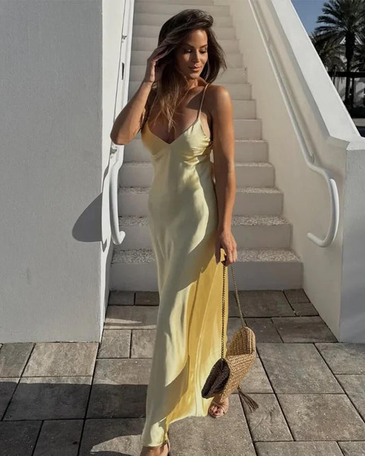 OLANE Elegant Satin Backless Maxi Dress YellowXSWomen's Dresses