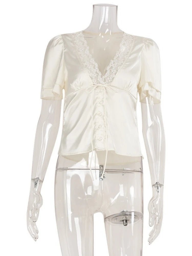 OLANE Elegant Satin Lace Trim Blouse BlackSWomen's Tops