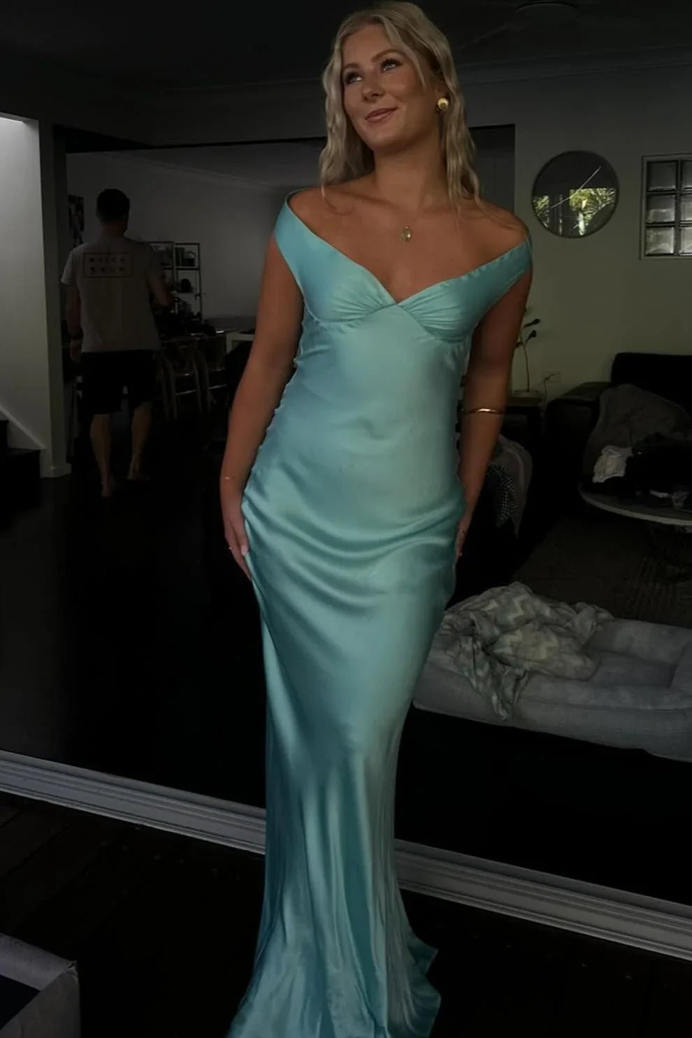 OLANE Elegant Satin Off Shoulder Maxi Dress Navy BlueXSWomen’s Dresses