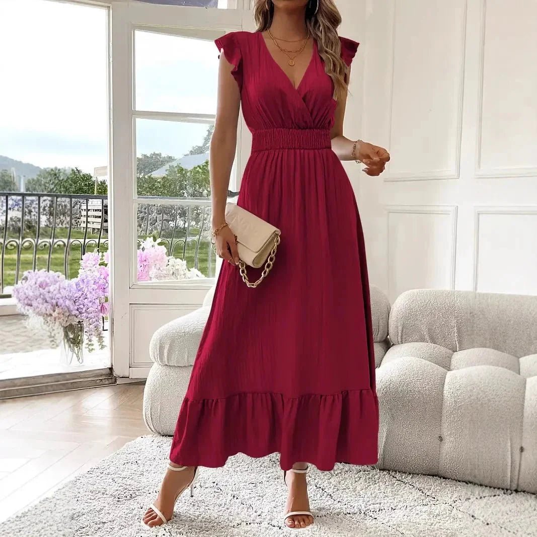 OLANE Elegant V - Neck Ruffle Swing Dress WineSWomen's Dresses
